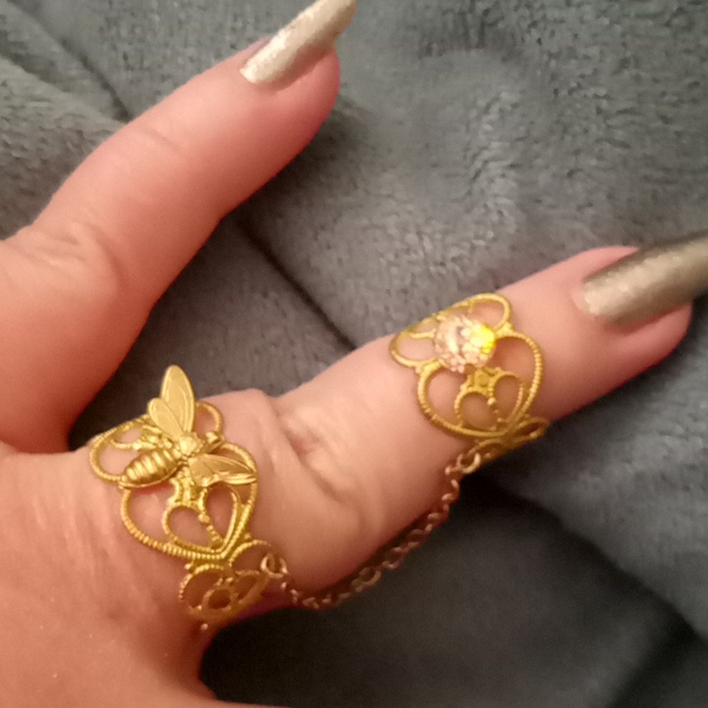Gold Bee Antique Opal Slave Ring Chain Rings Set
